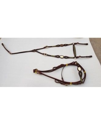 Barcoo bridle set ri920  wave pattern with brass oval name plate platted brow band gree gold - Stockman bridles and breastplate