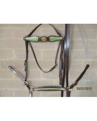 Barcoo bridle ri5 barcoo bridle and breastplate set with platted brow band gold face plate and breastplate set - Stockman bri...