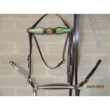 Barcoo bridle ri5 barcoo bridle and breastplate set with platted brow band gold face plate and breastplate set - Stockman bri...